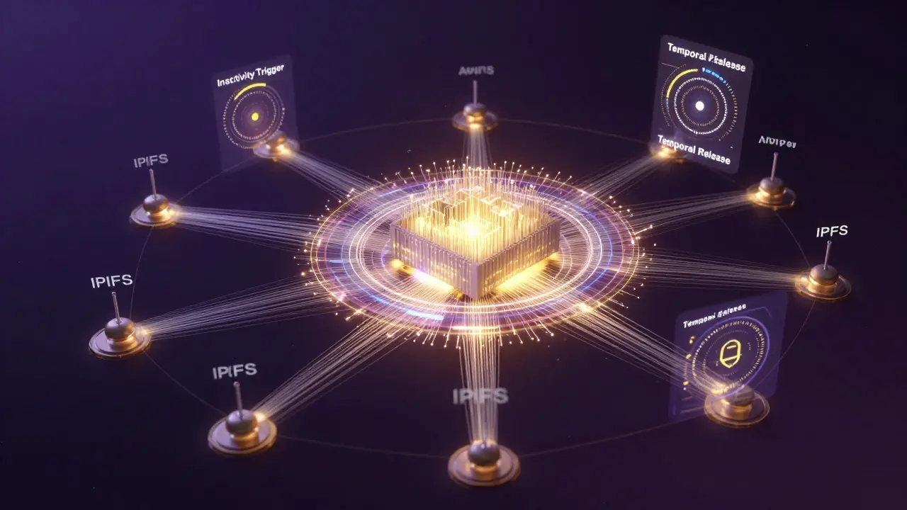 Visualização abstrata de armazenamento descentralizado e gatilhos automáticos para liberação segura de acesso.